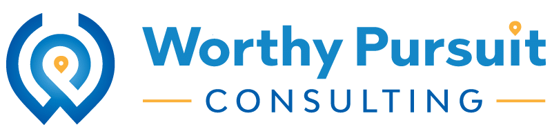 Logo for Worthy Pursuit Consulting with a blue map pin icon and stylized text.