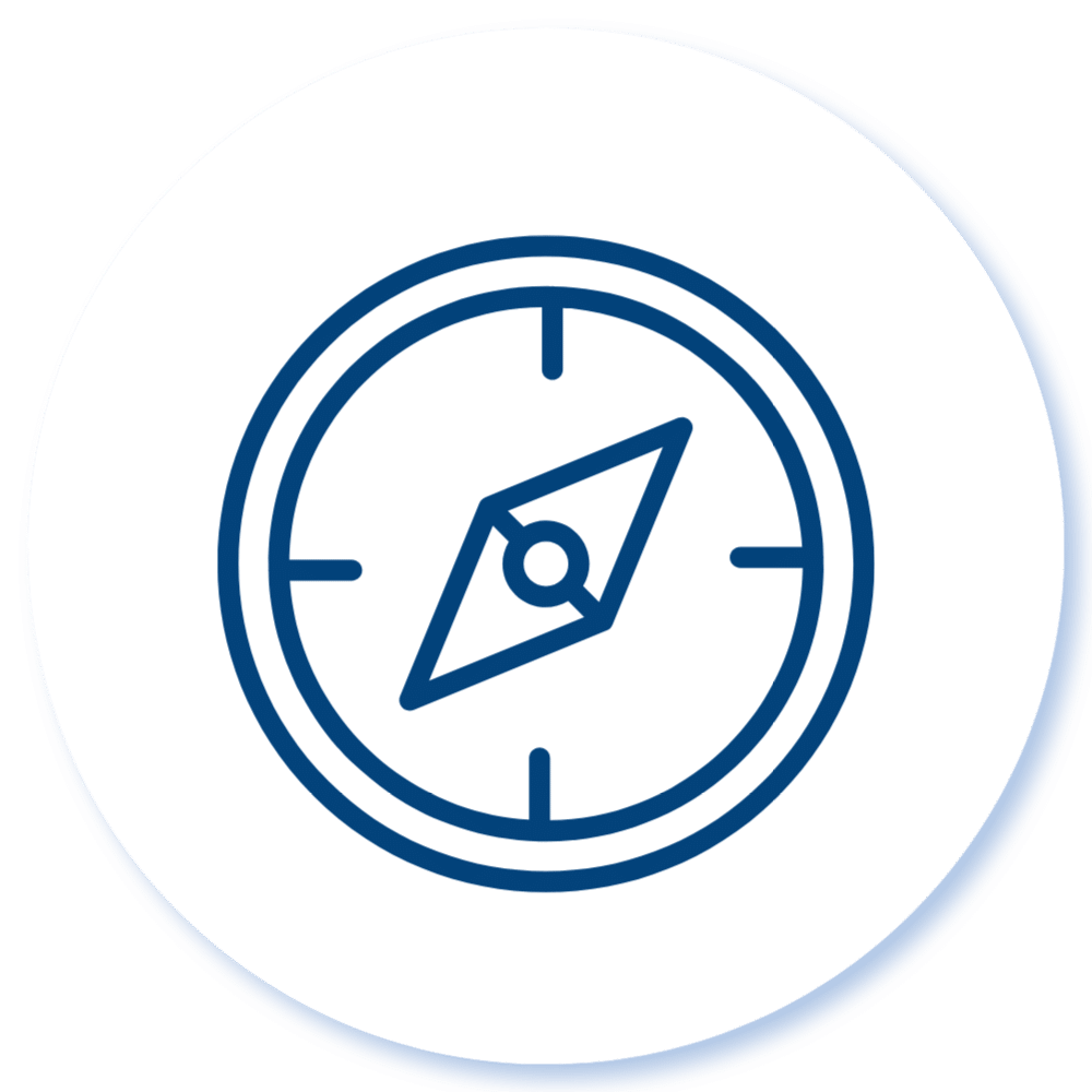 Simple blue compass icon on a white circular background, with a needle pointing northeast.