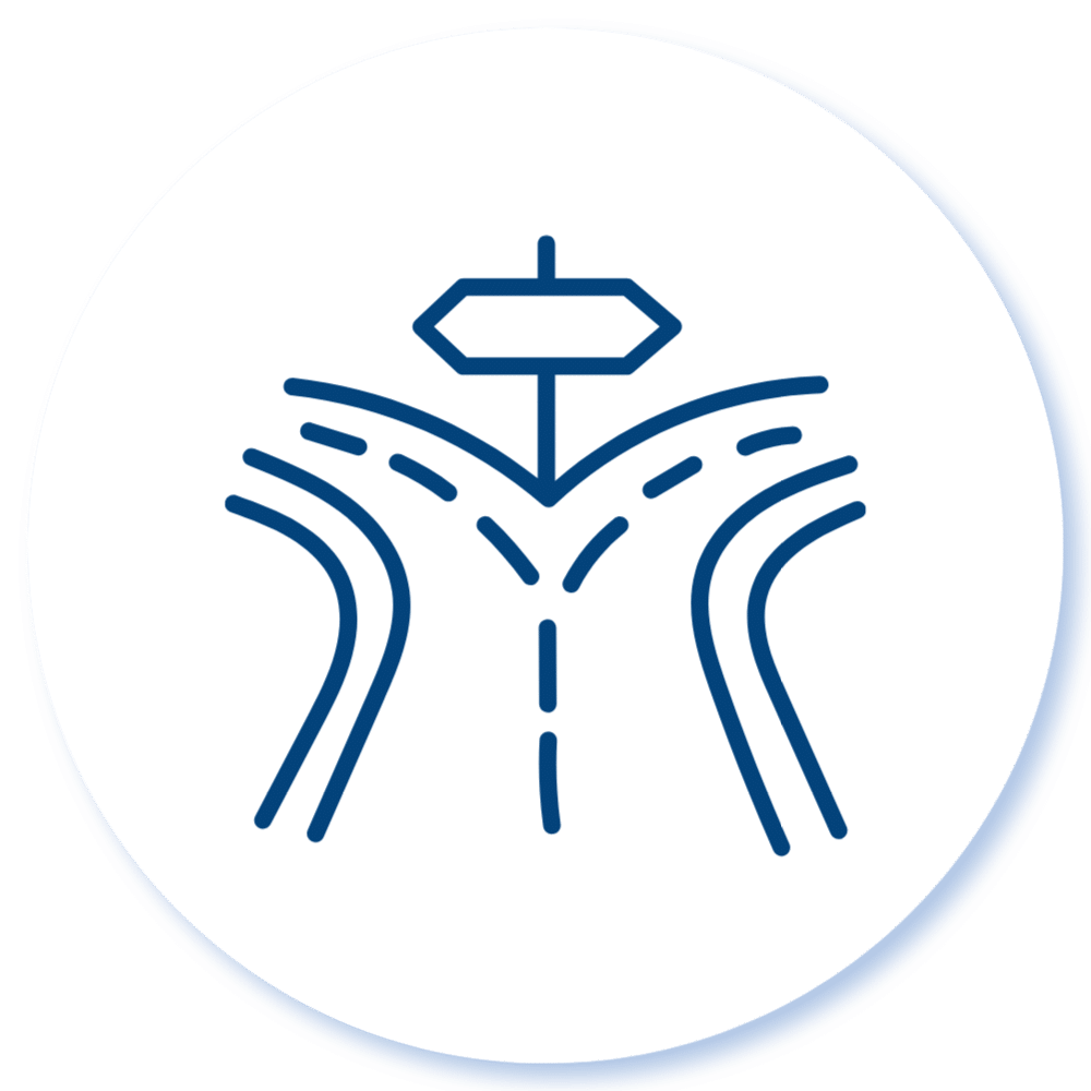 Simple line icon of a forked road with a signpost at the split on a white circular background.