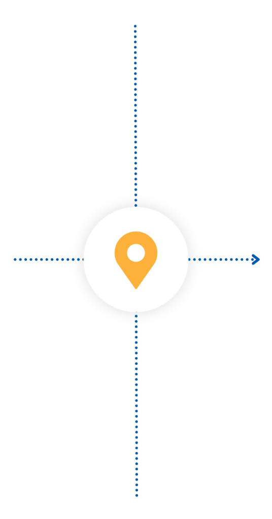 Yellow map pin icon in a white circle with blue dotted lines forming a cross behind it.