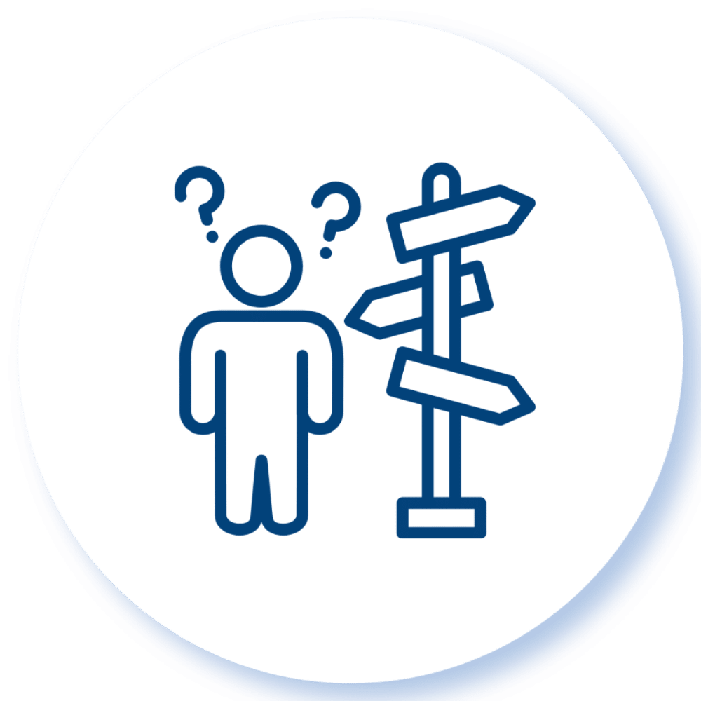 Person with question marks near a signpost with many arrows, symbolizing confusion or indecision.